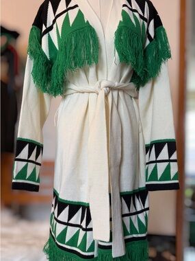 New York & Company Cream Cardigan with Green and Black Fringe